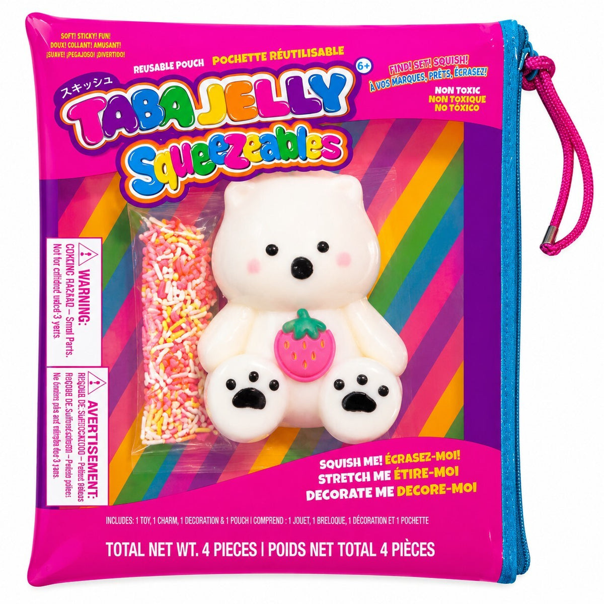 TabaJelly White Bear Squishy w Strawberry Charm & Reusable Pouch Sealed