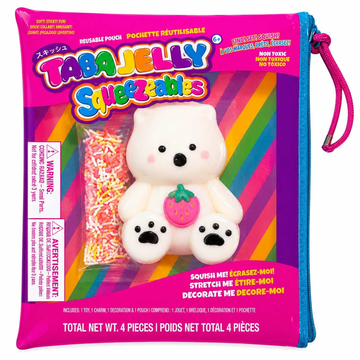 TabaJelly White Bear Squishy w Strawberry Charm & Reusable Pouch Sealed