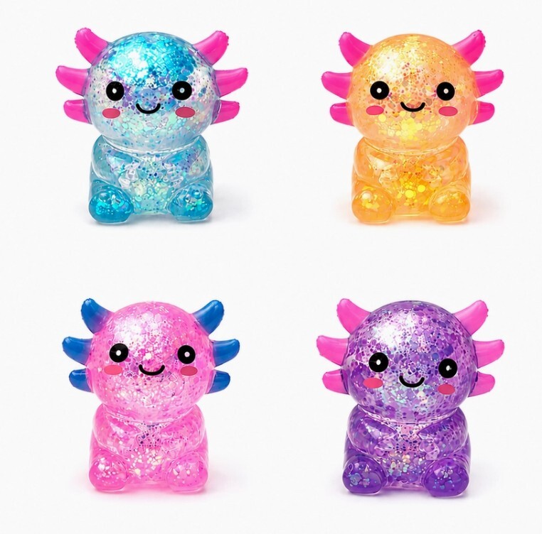 Axolotl Glitter Squishy Stress Toys – Full Case of 12 – Kawaii Fidget Toys