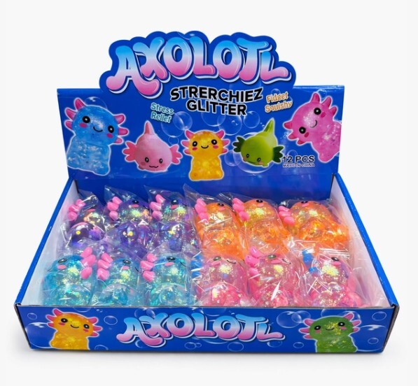 Axolotl Glitter Squishy Stress Toys – Full Case of 12 – Kawaii Fidget Toys